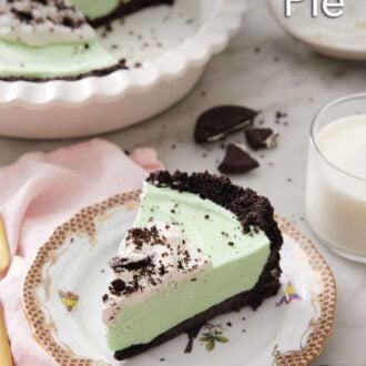 Pinterest graphic of a slice of grasshopper pie on a plate with the rest in a baking dish in the background.