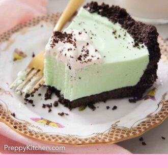 Pinterest graphic of a slice of grasshopper pie on a plate with a bite taken out of it.