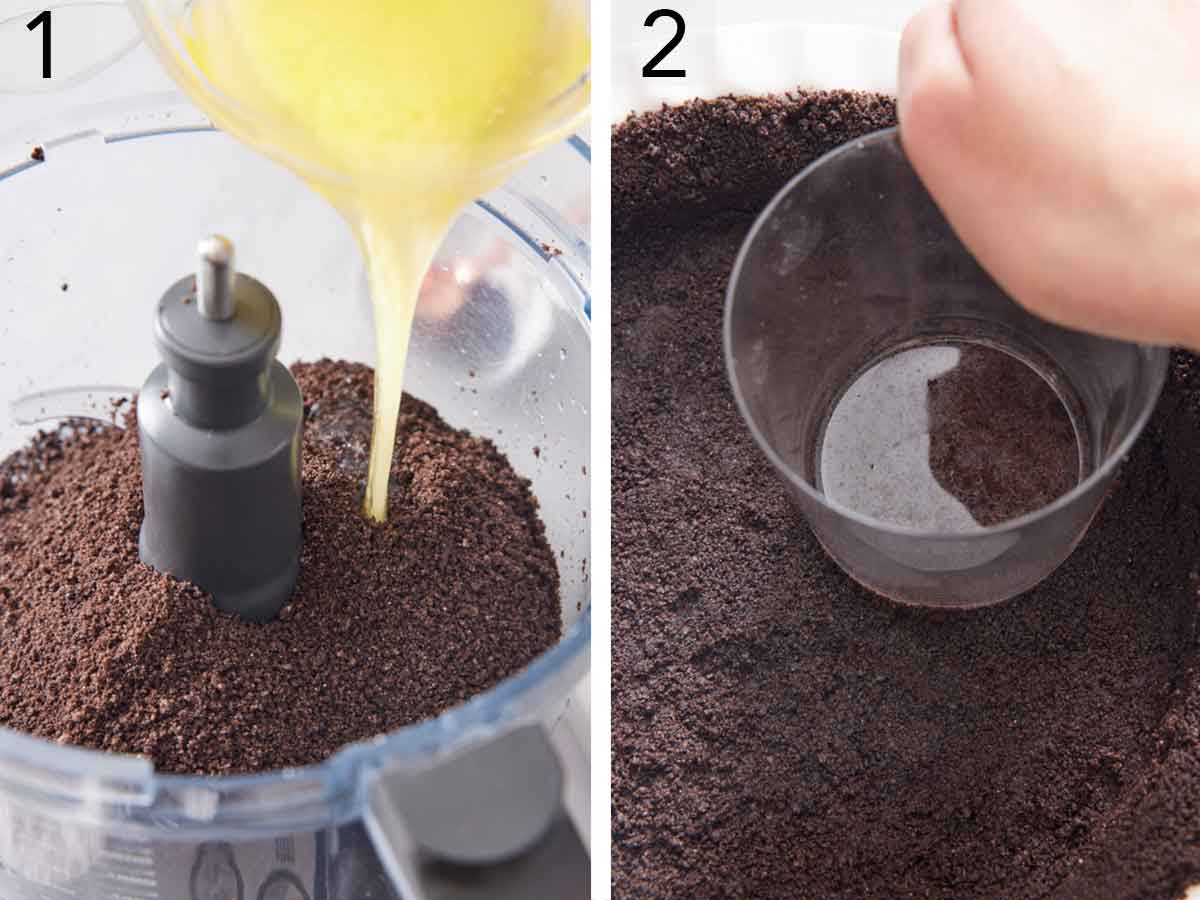 Set of two photos showing butter added to a food processor of crumbled Oreos then pressed into a dish to make a crust.