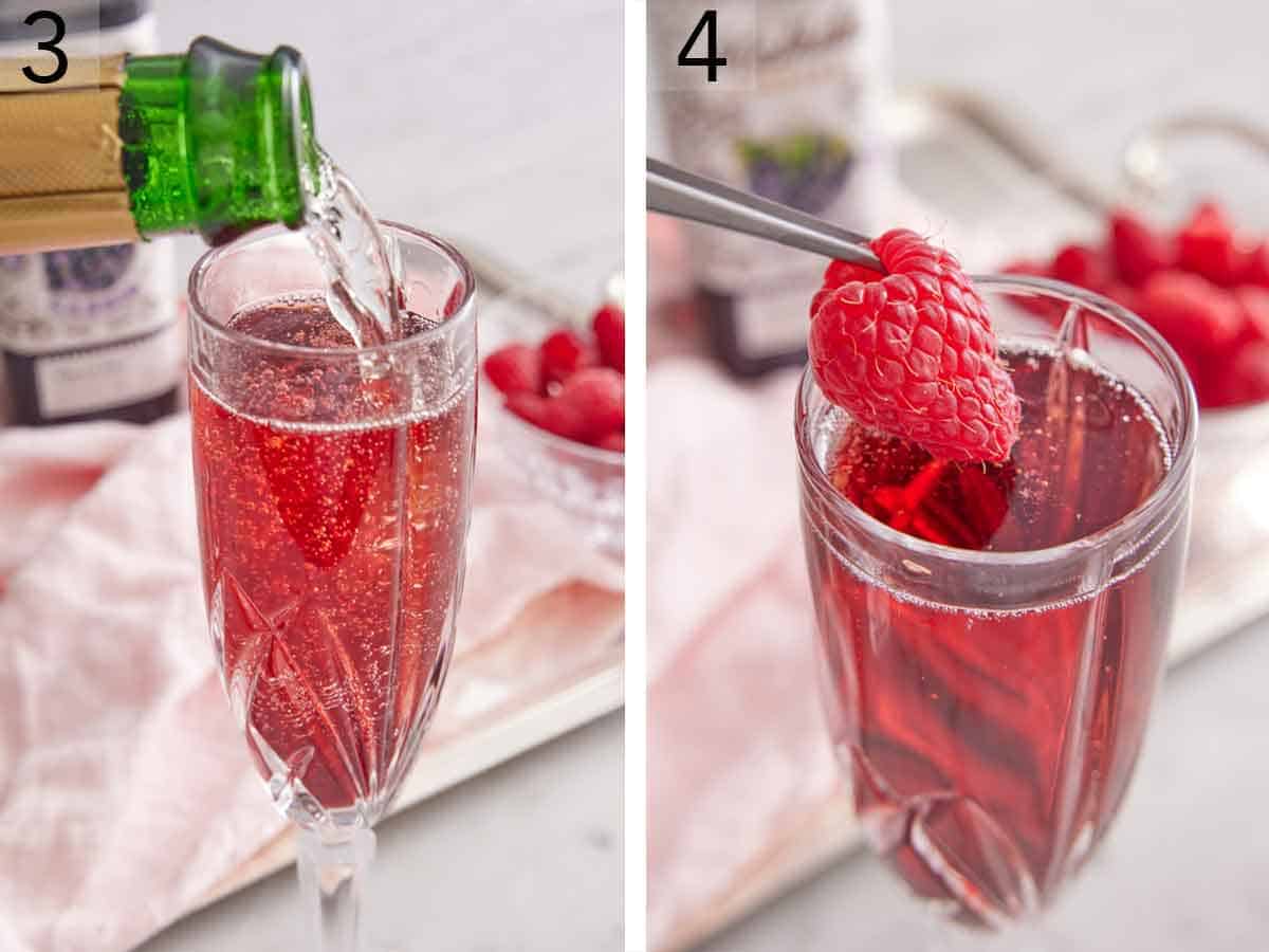 Set of two photos showing champagne and a raspberry added to the glass.