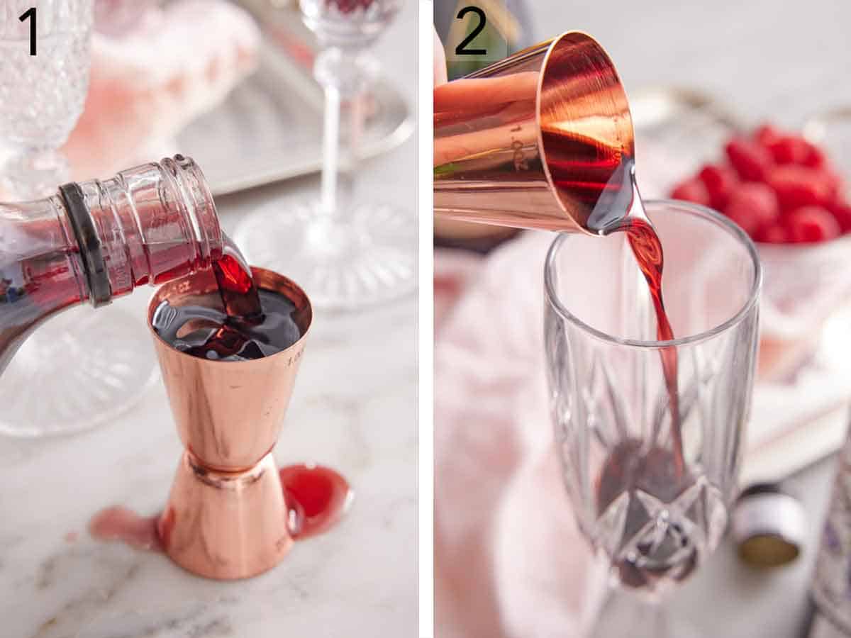Set of two photos showing crème de cassis measured and poured into a glass.