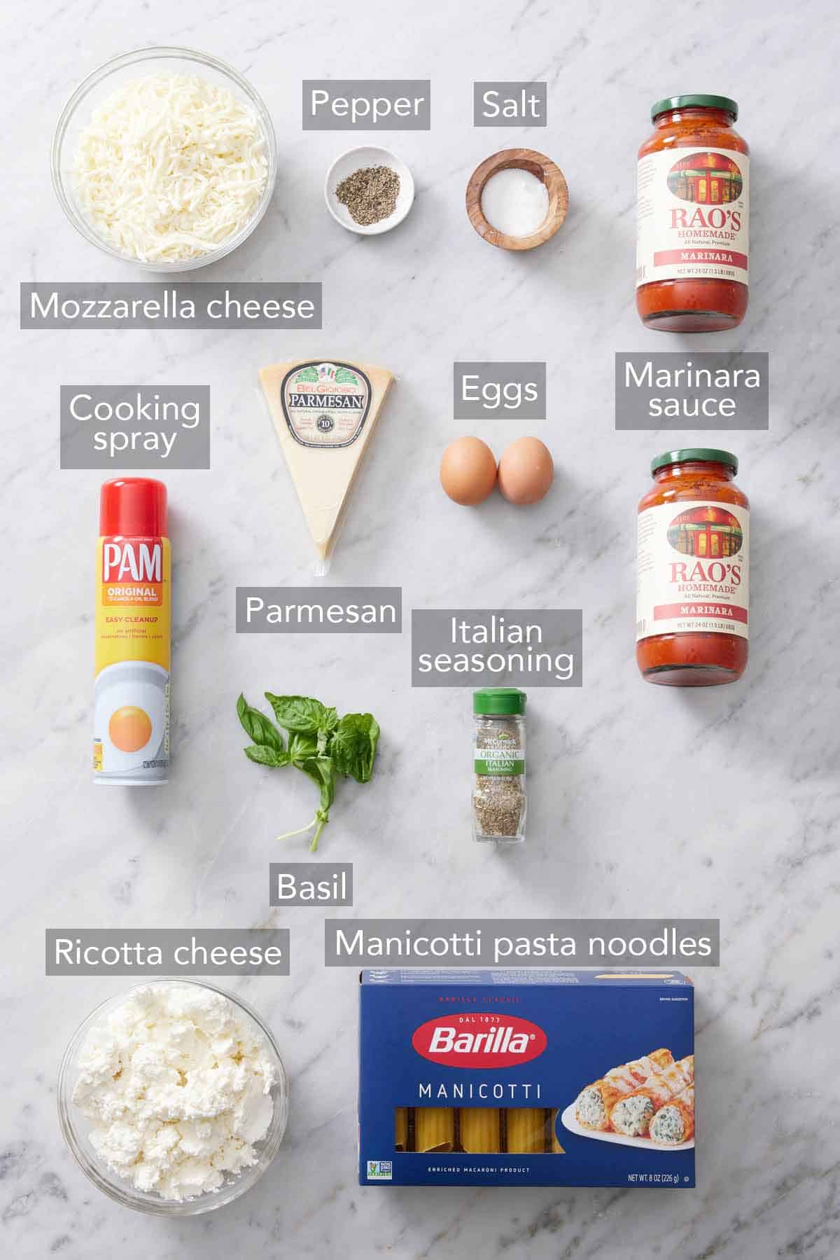 Ingredients needed to make manicotti.