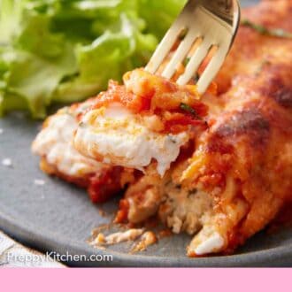 Pinterest graphic of a fork lifting a bite of manicotti from a plate.