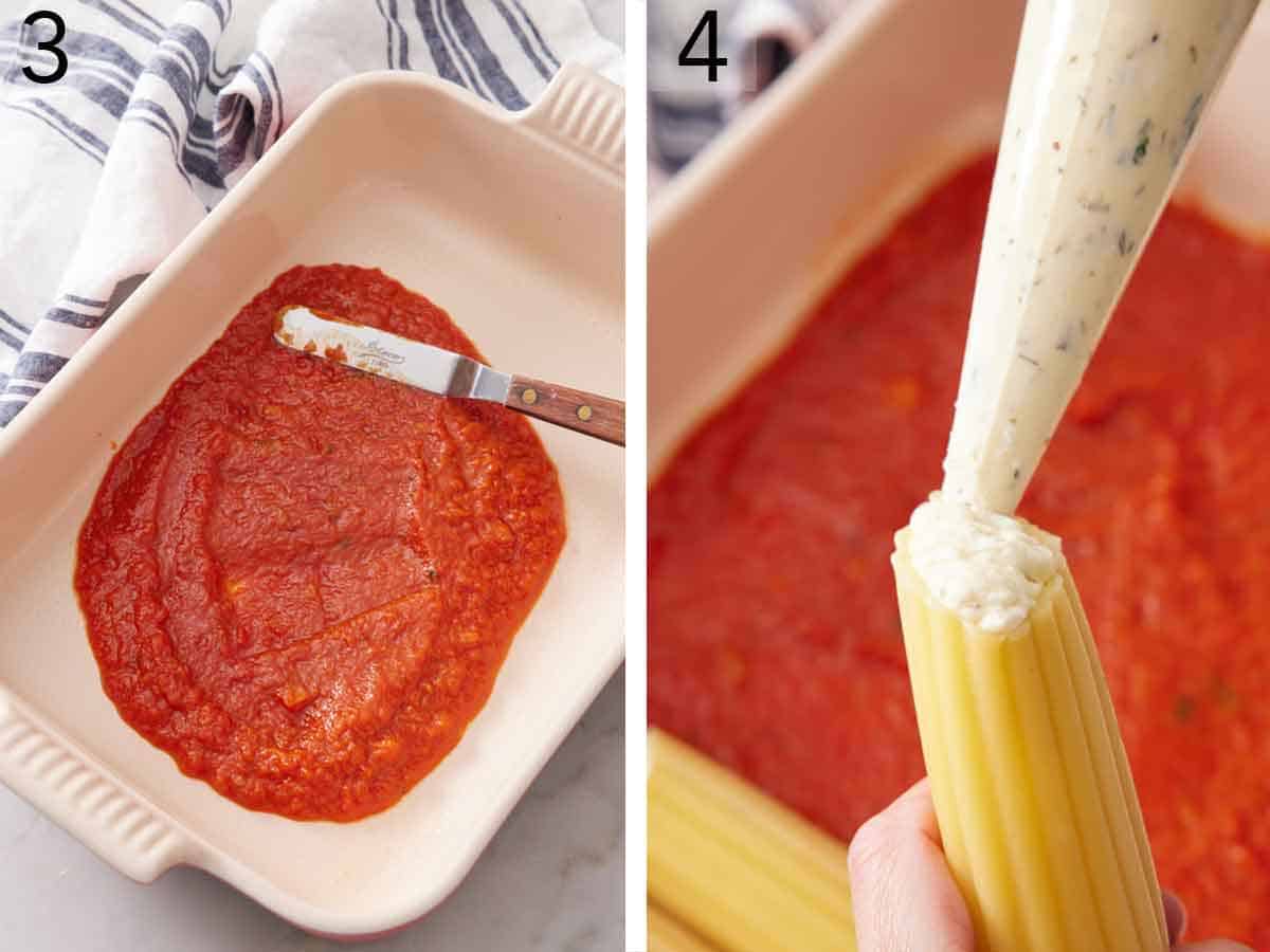 Set of two photos showing marinara spread in a baking dish and cheese mixture piped into pasta.