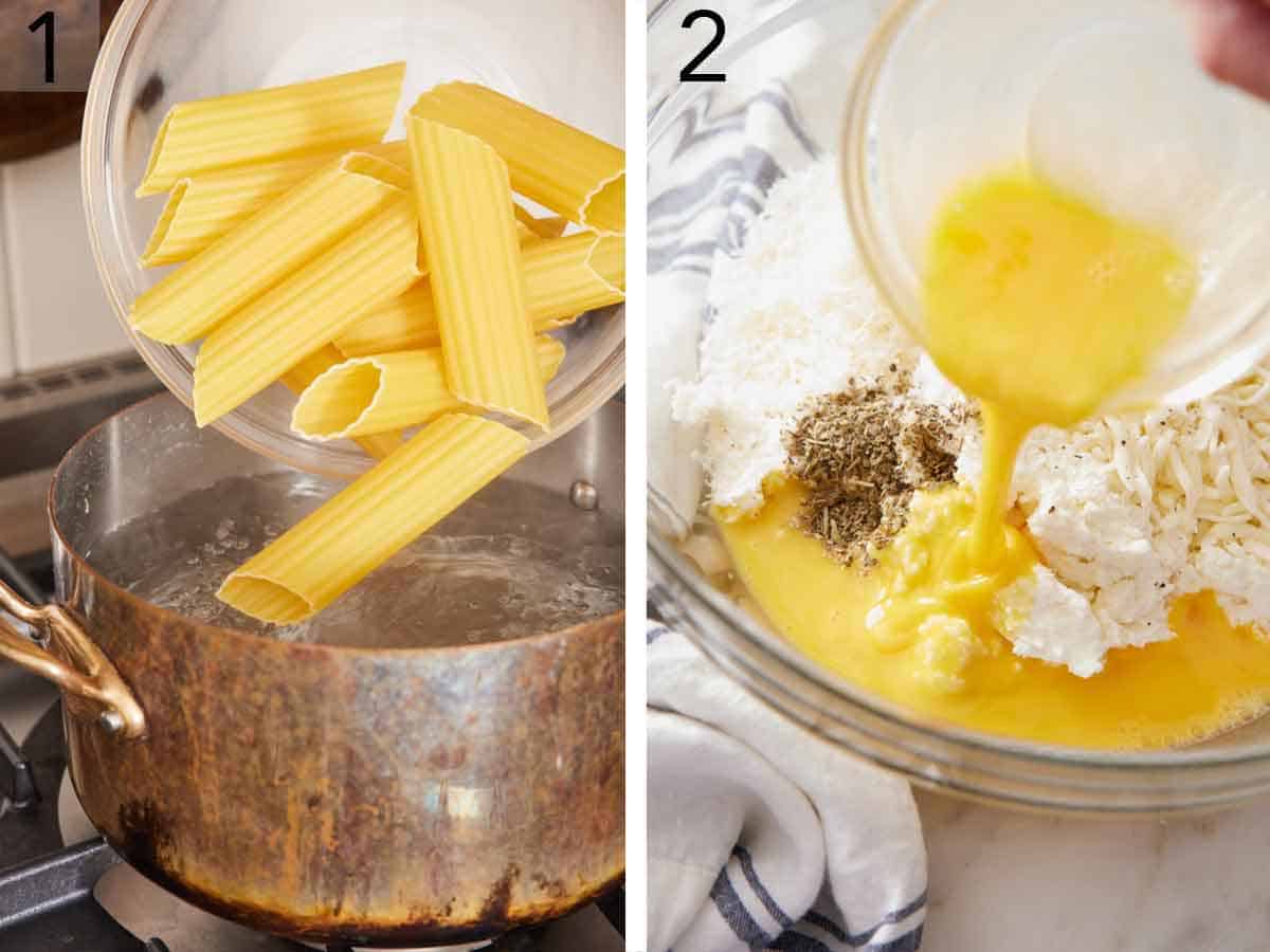 Set of two photos showing pasta added to a pot of water and egg added to a bowl of cheeses and seasoning.