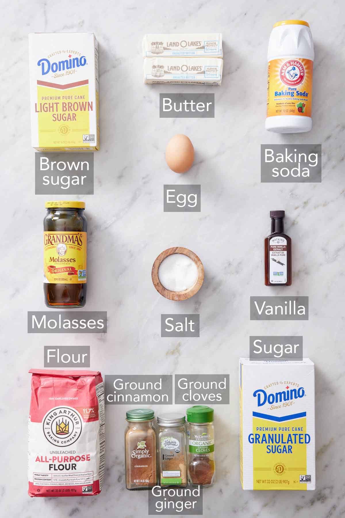 Ingredients needed to make molasses cookies.