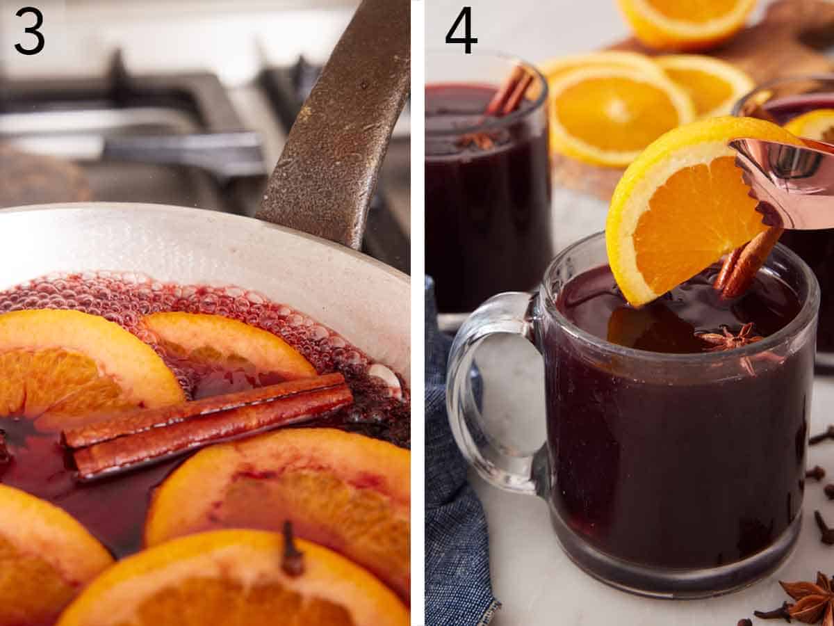 Set of two photos showing mulled wine simmering in a pot then an orange slice added to a glass of mulled wine.