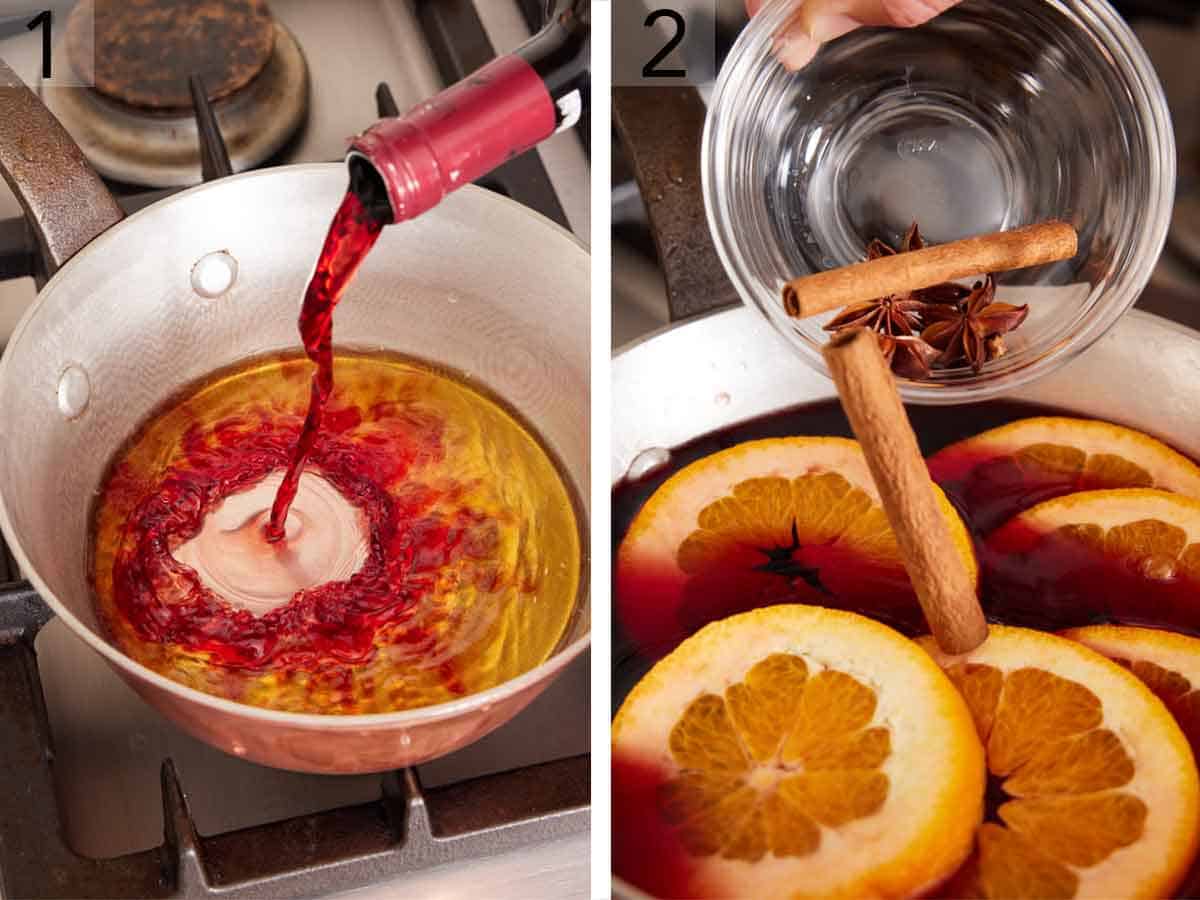 Set of two photos showing red wine added to a pot and cinnamon sticks, star anise, and orange slices poured into the pot.