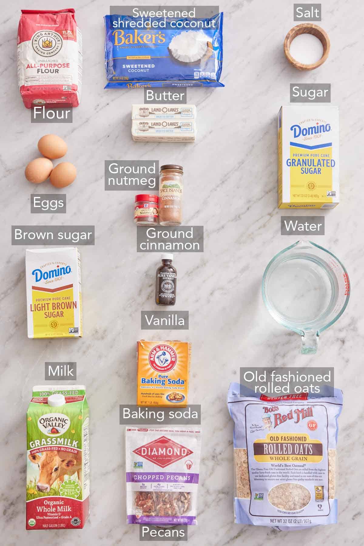 Ingredients needed to make an oatmeal cake.