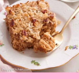 Pinterest graphic of a plate with a piece of oatmeal cake with a fork with the corner piece on it.
