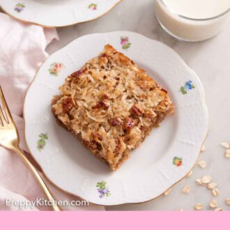 Pinterest graphic of plated slices of oatmeal cake with a glass of milk.