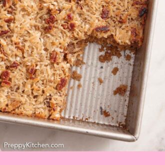 Pinterest graphic of an overhead view of a baking dish of oatmeal cake with a slice taken out.