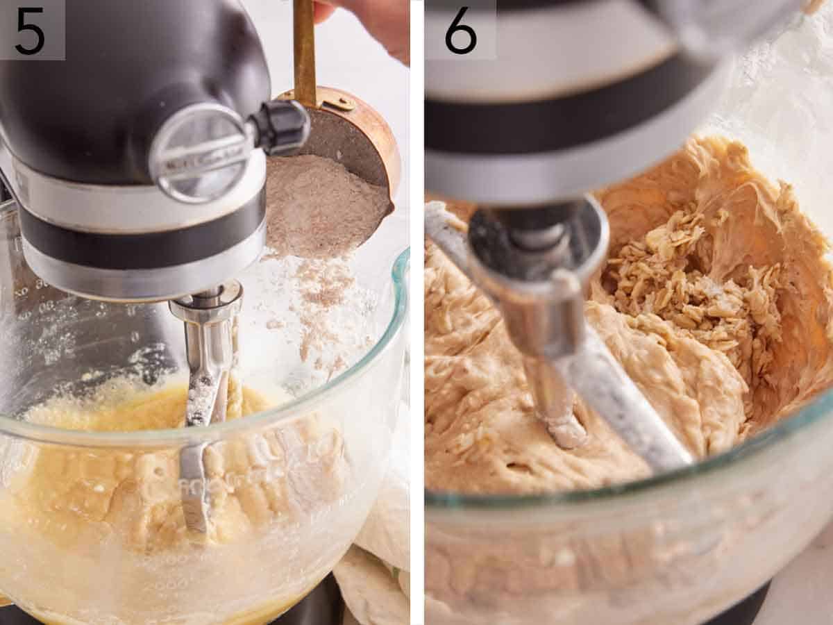 Set of two photos showing flour mixture added to the mixer and batter mixed.