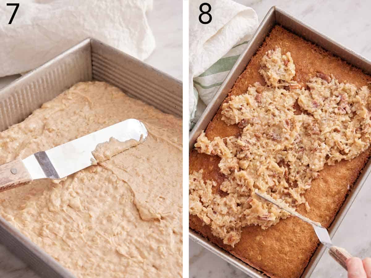 Set of two photos showing batter added to a baking pan and then the cake frosted.