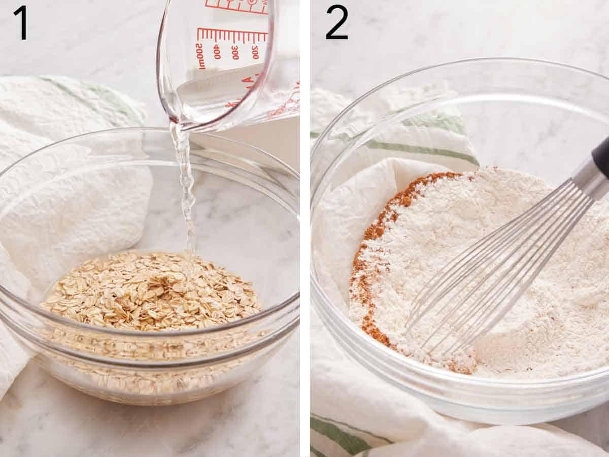 Set of two photos showing water added to rolled oats and dry ingredients whisked together.