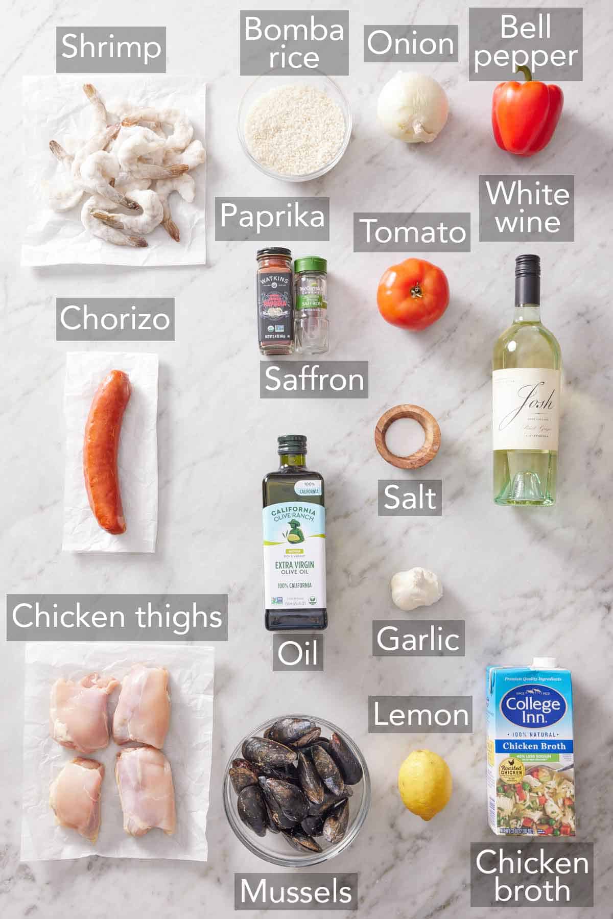 Ingredients needed to make paella.