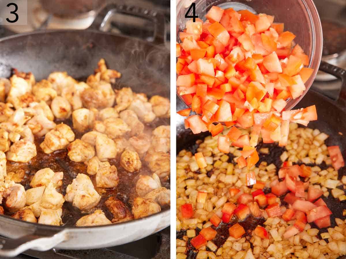 Set of two photos showing chicken cooked in a skillet and bell peppers added to a skillet with onions.