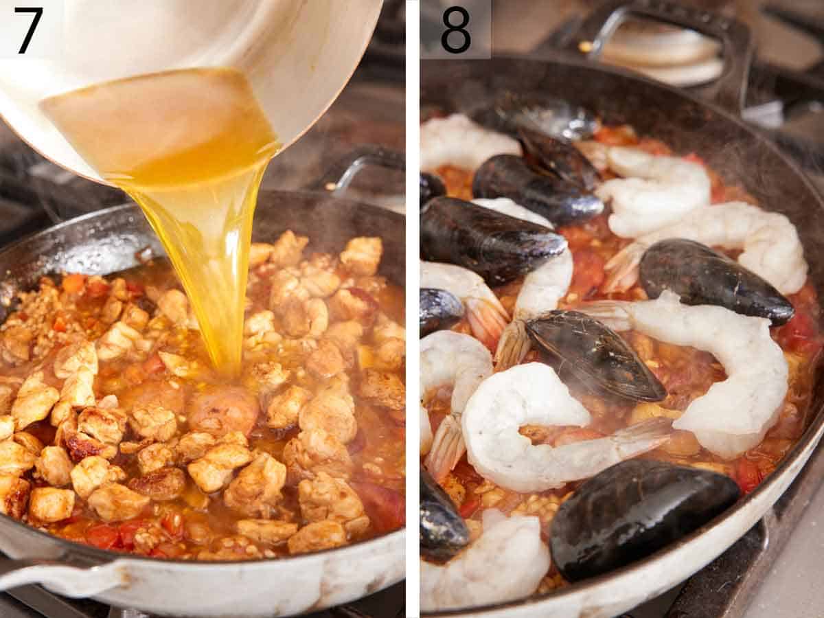 Set of two photos showing broth and seafood added to the skillet.