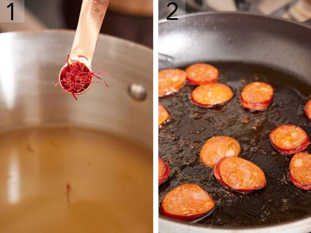 Set of two photos showing saffron added to a pot and chorizo cooked in a skillet.