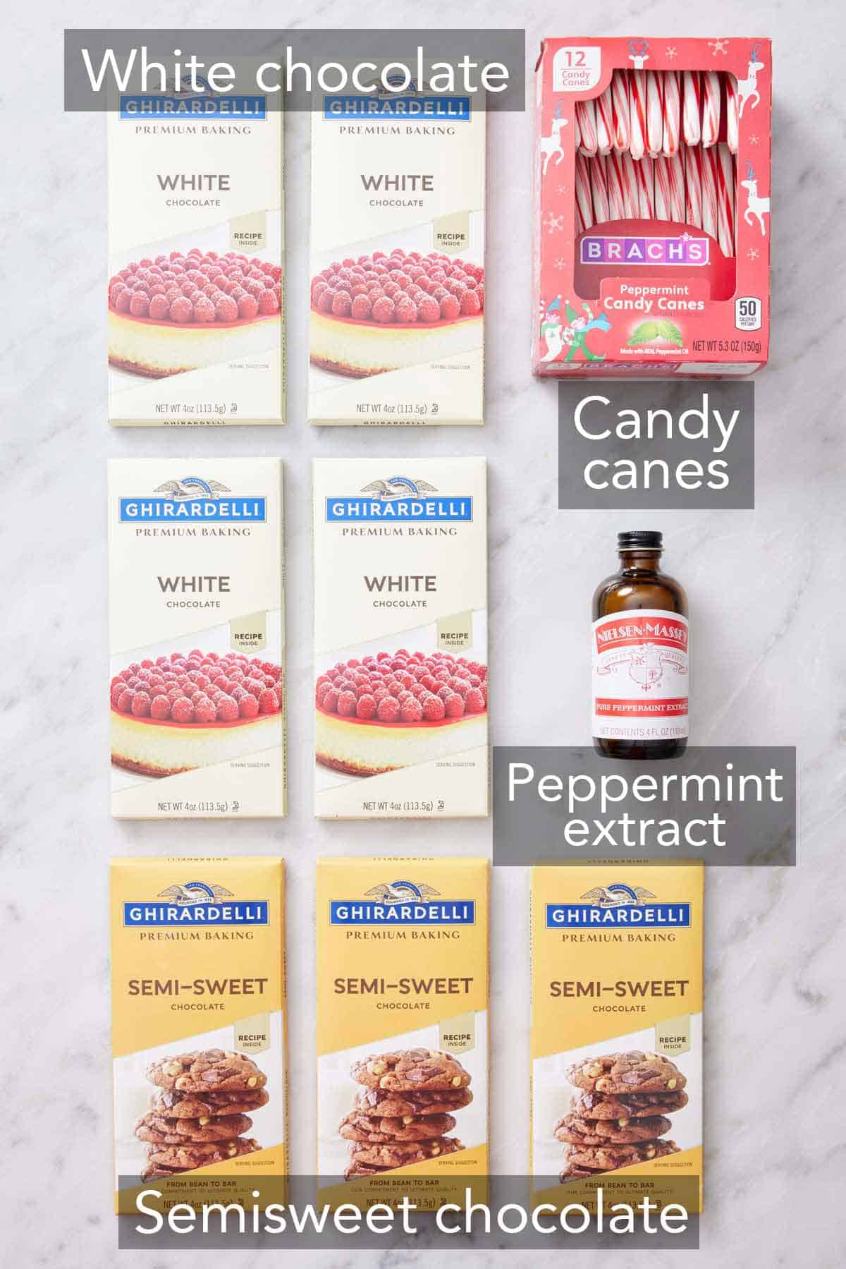 Ingredients needed to make peppermint bark.