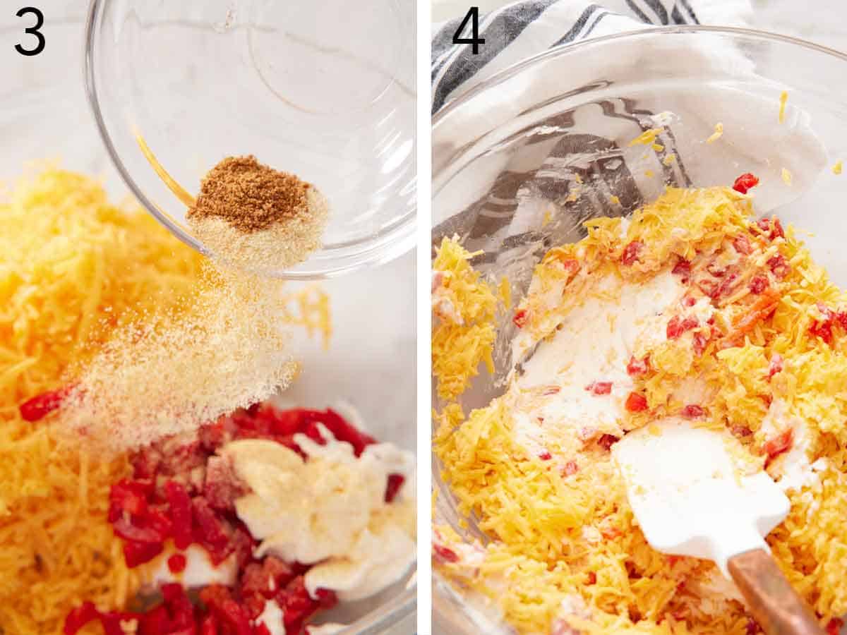 Set of two photos showing seasoning added to ingredients in a bowl and mixed.