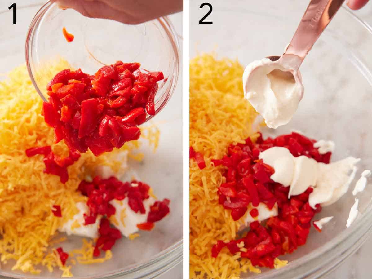 Set of two photos showing peppers added to a bowl of cheese and mayonnaise added.