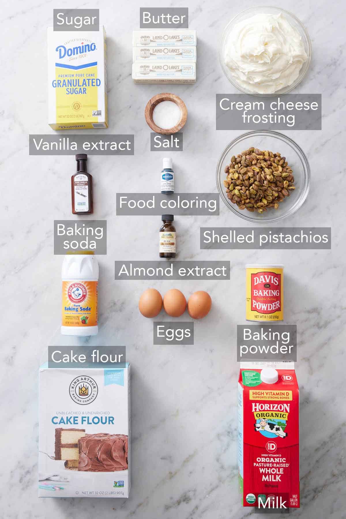Ingredients needed to make pistachio cake.