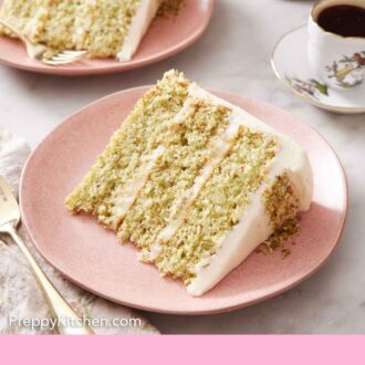 Pinterest graphic of sliced pistachio cake on two plates.