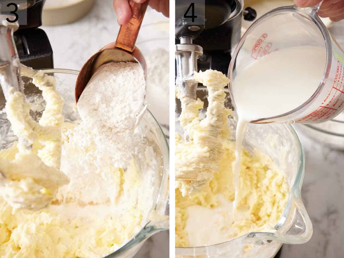 Dry ingredients added to a mixer and cream poured in.