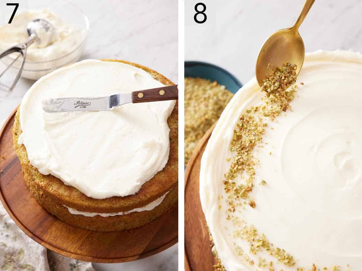 Set of two photos showing frosting spread over the cake and more pistachios spooned over top.