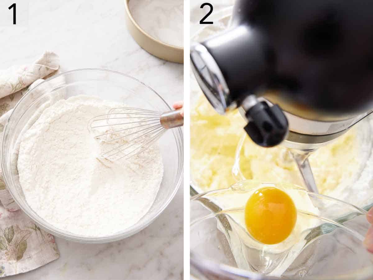 Set of two photos showing dry ingredients whisked together and egg added to a mixer.