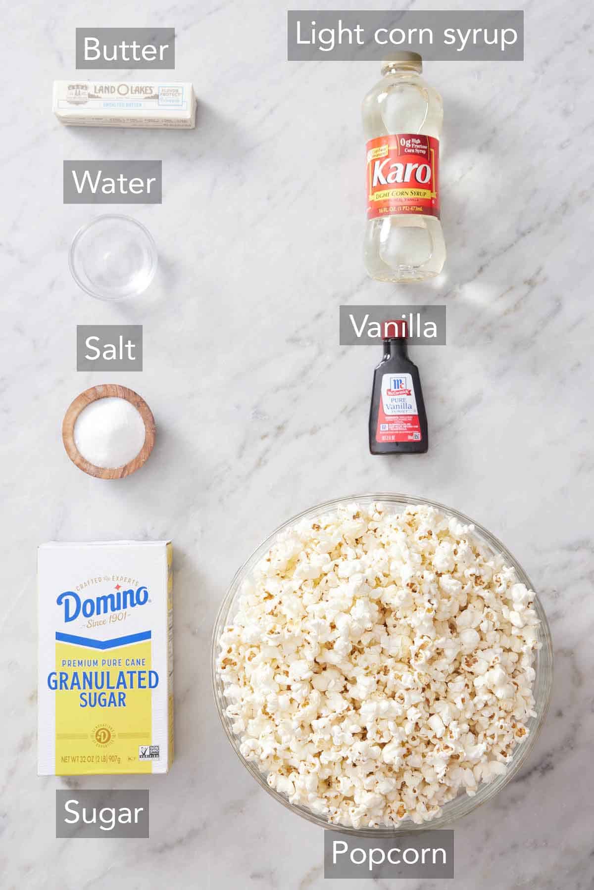 Ingredients needed to make popcorn balls.