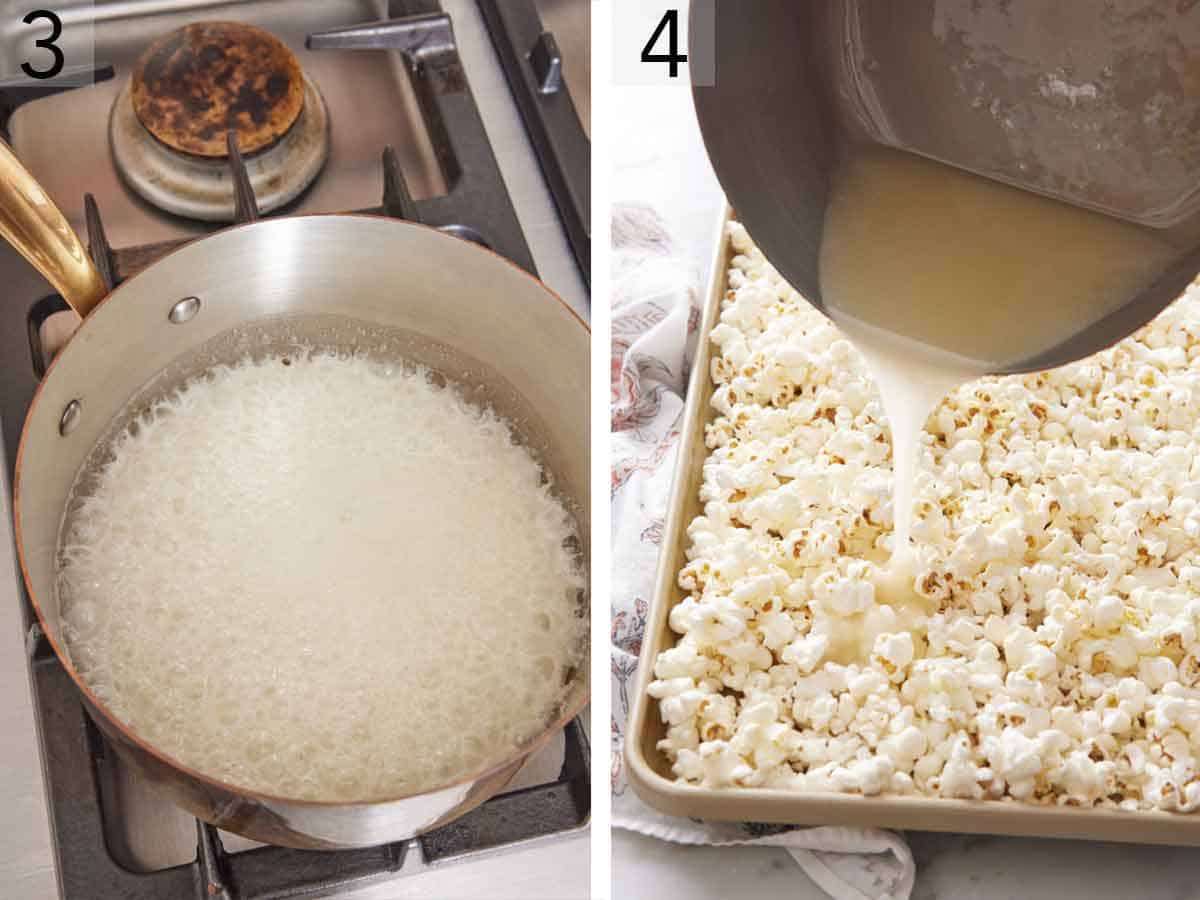Set of two photos showing the syrup mixture simmered and poured over the popcorn.