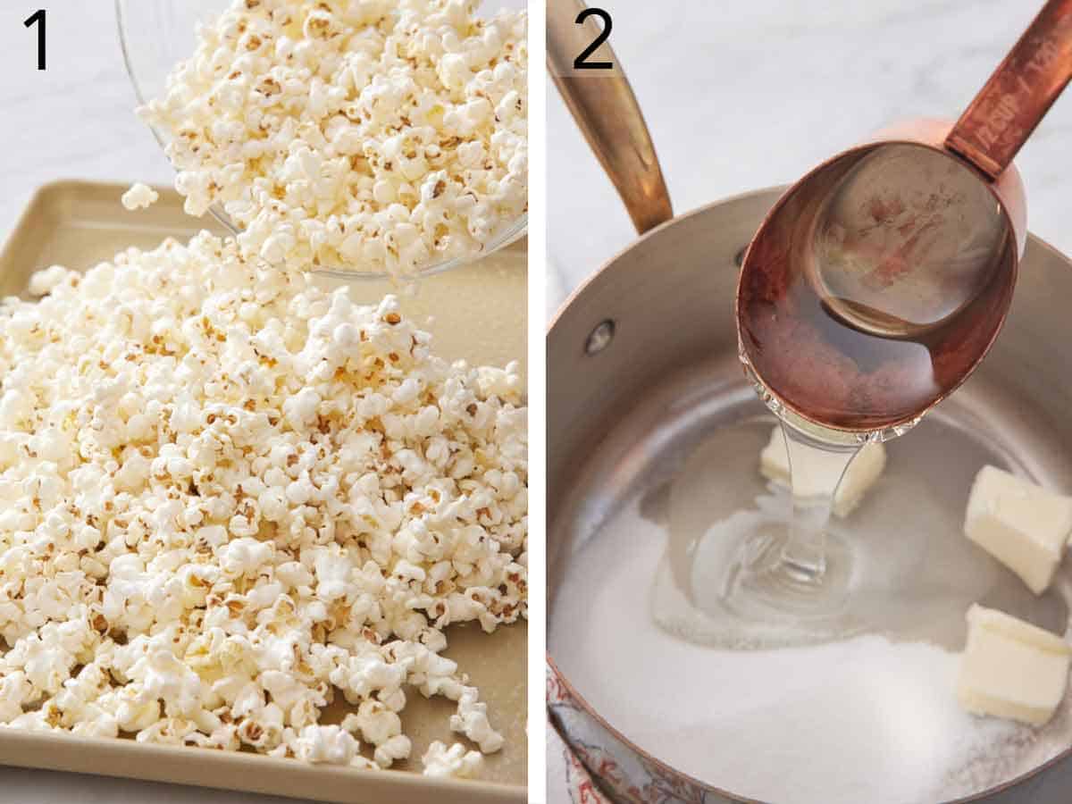Set of two photos showing popcorn added to a sheet pan and syrup added to a pot with butter.