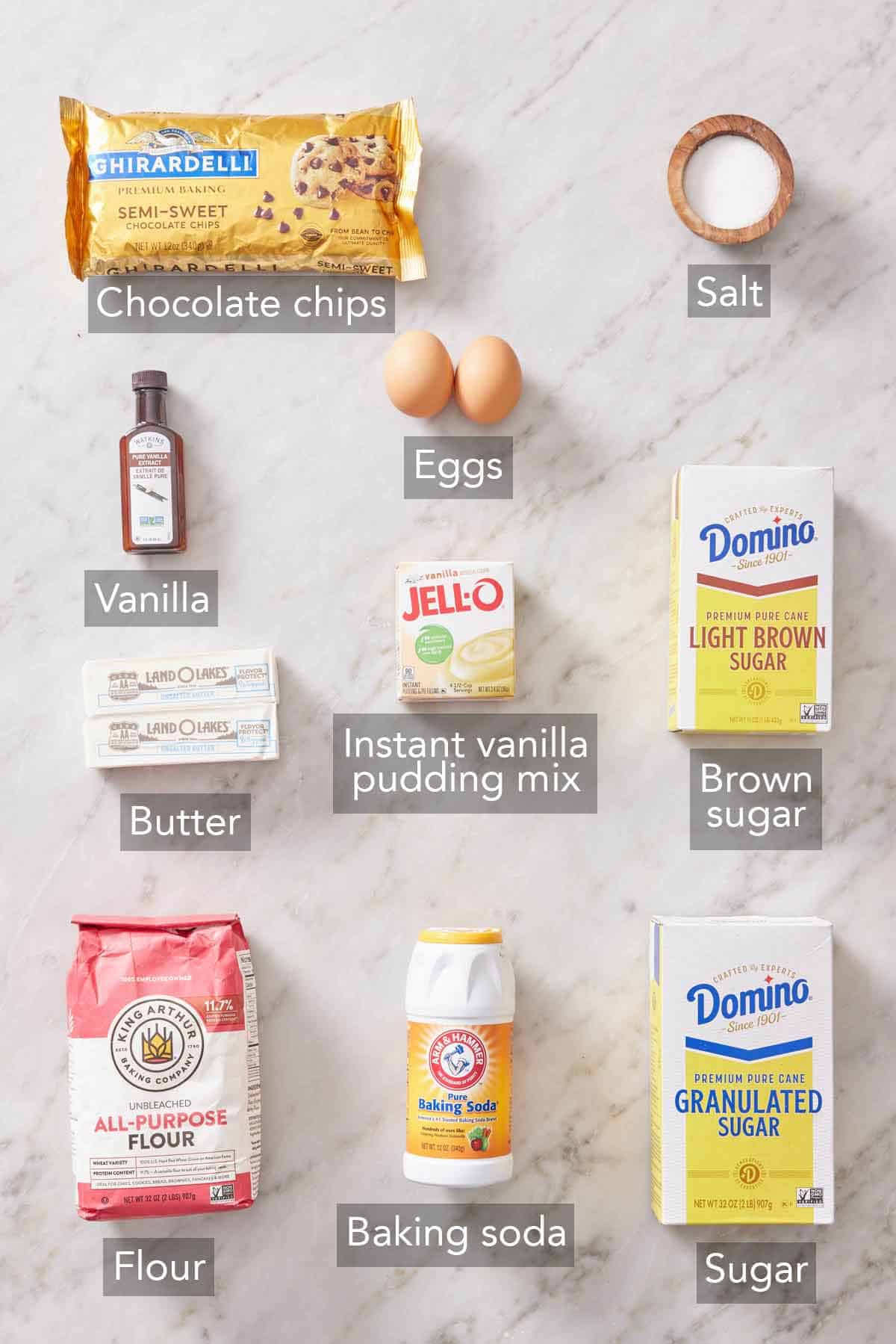 Ingredients needed to make pudding cookies.