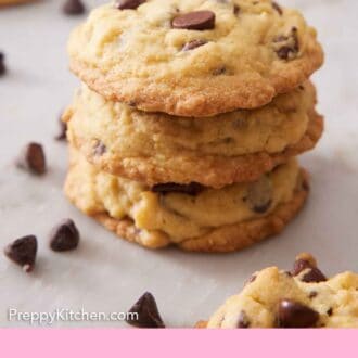 Pinterest graphic of a stack of three pudding cookies with some chocolate chips scattered around.