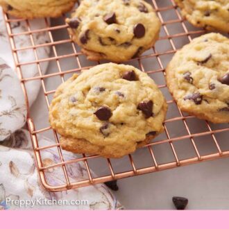 Pinterest graphic of pudding cookies on a cooling rack.
