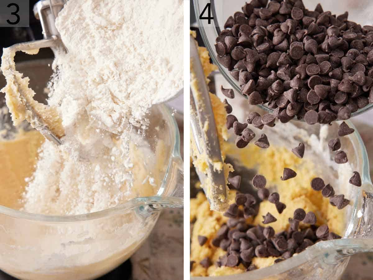 Set of two photos showing flour and chocolate chips added to a mixing bowl.