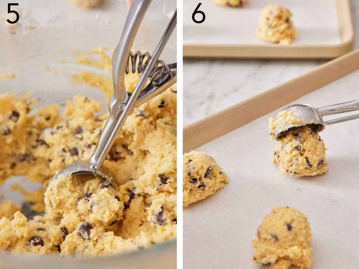 Set of two photos showing cookie batter scooped and placed on a parchment lined sheet pan.