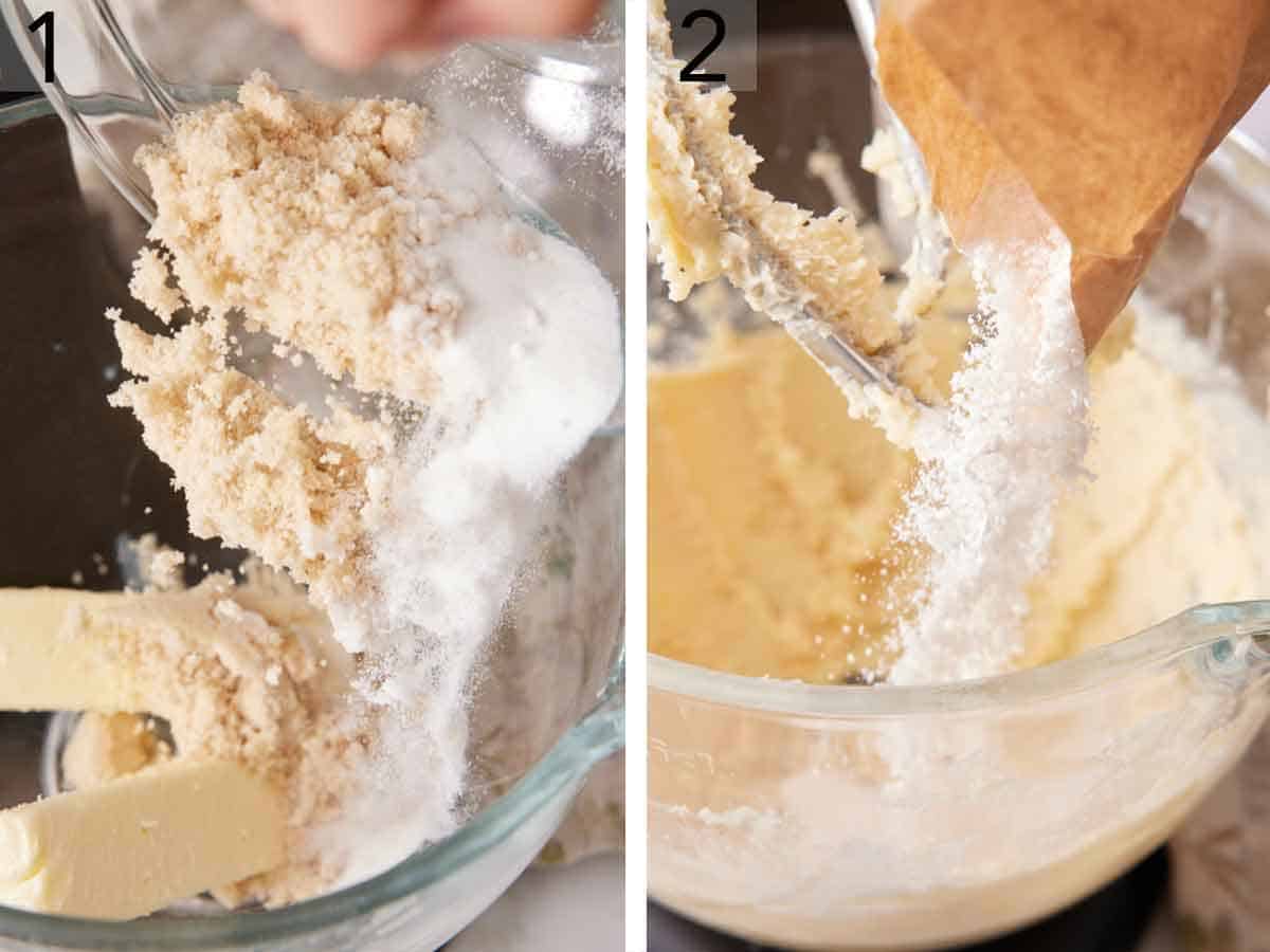 Set of two photos showing sugar and pudding mix added to a mixing bowl.