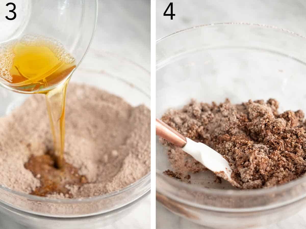 Set of two photos showing wet ingredients added to dry ingredients and mixed.