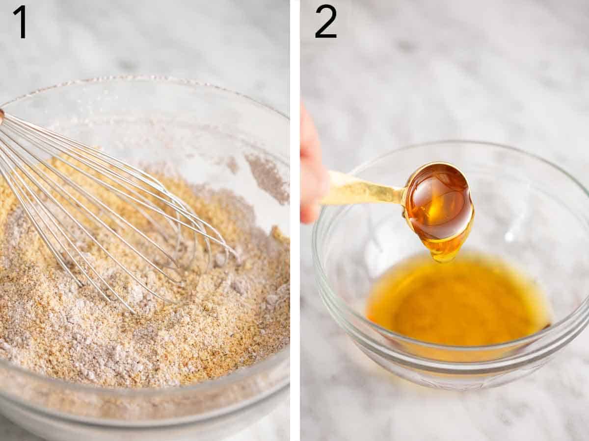 Set of two photos showing cookie crumbs, pecans, sugar, cocoa powder, and salt whisked together and honey added to a bowl.