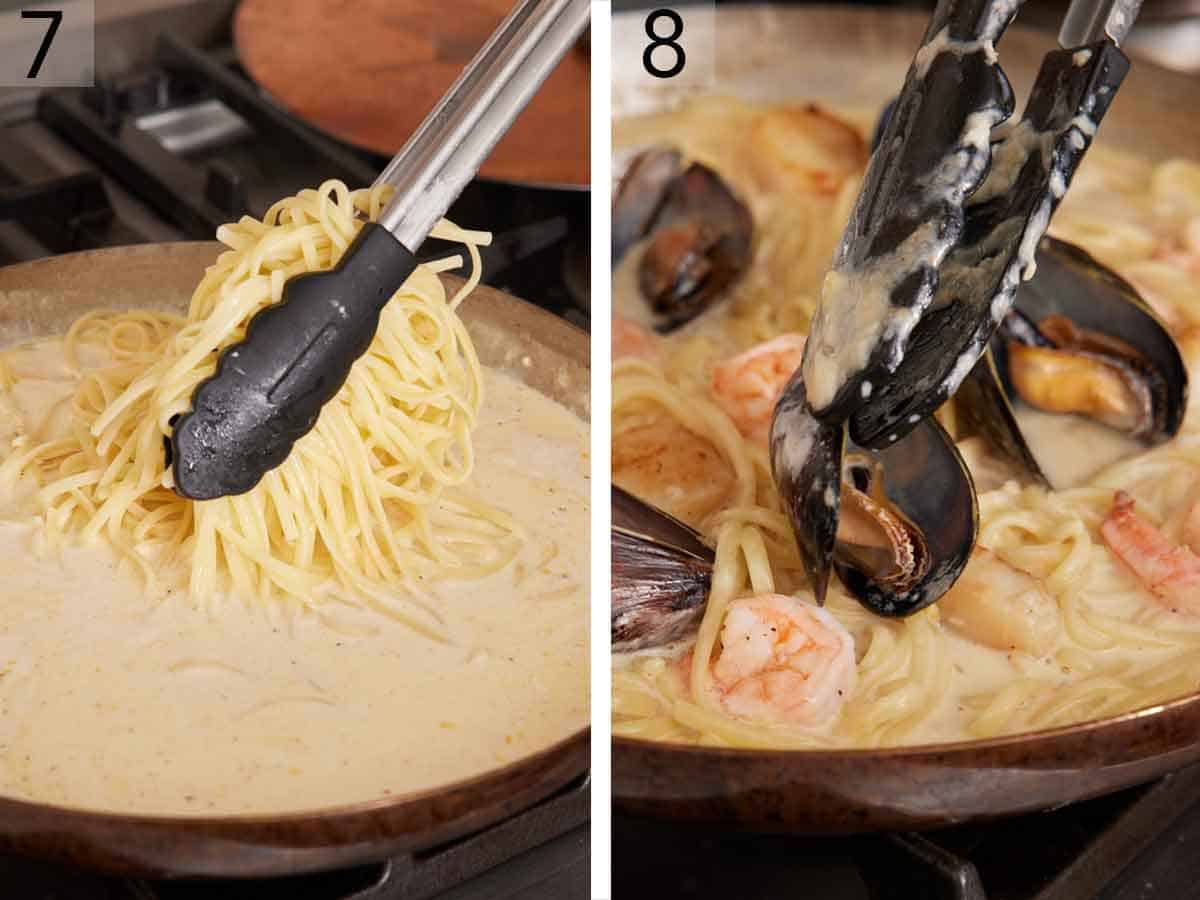 Set of two photos showing noodles tossed in the sauce and mussels added to the skillet.