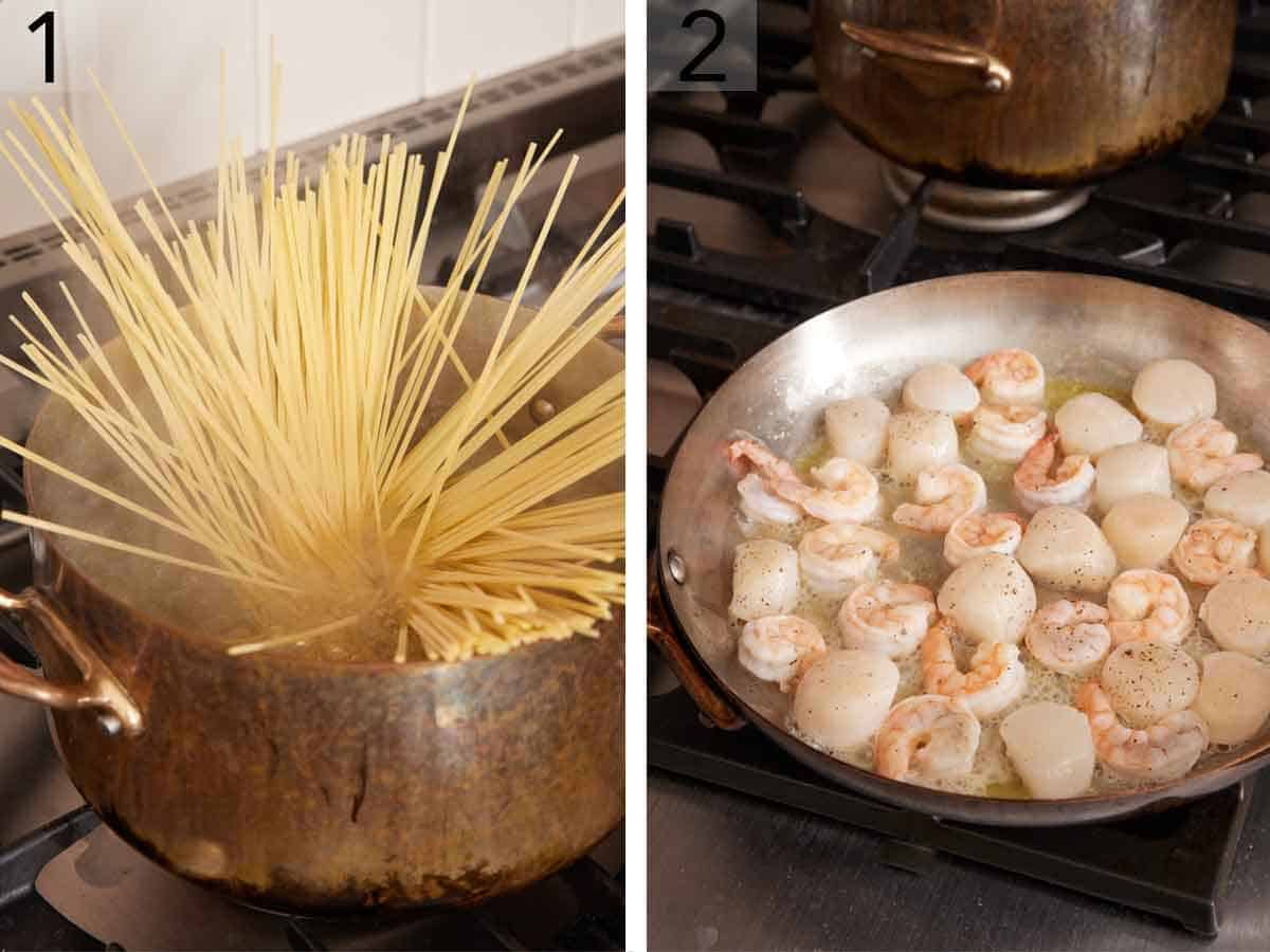 Set of two photos showing pasta added to a pot of water and a skillet cooking scallips and shrimp.