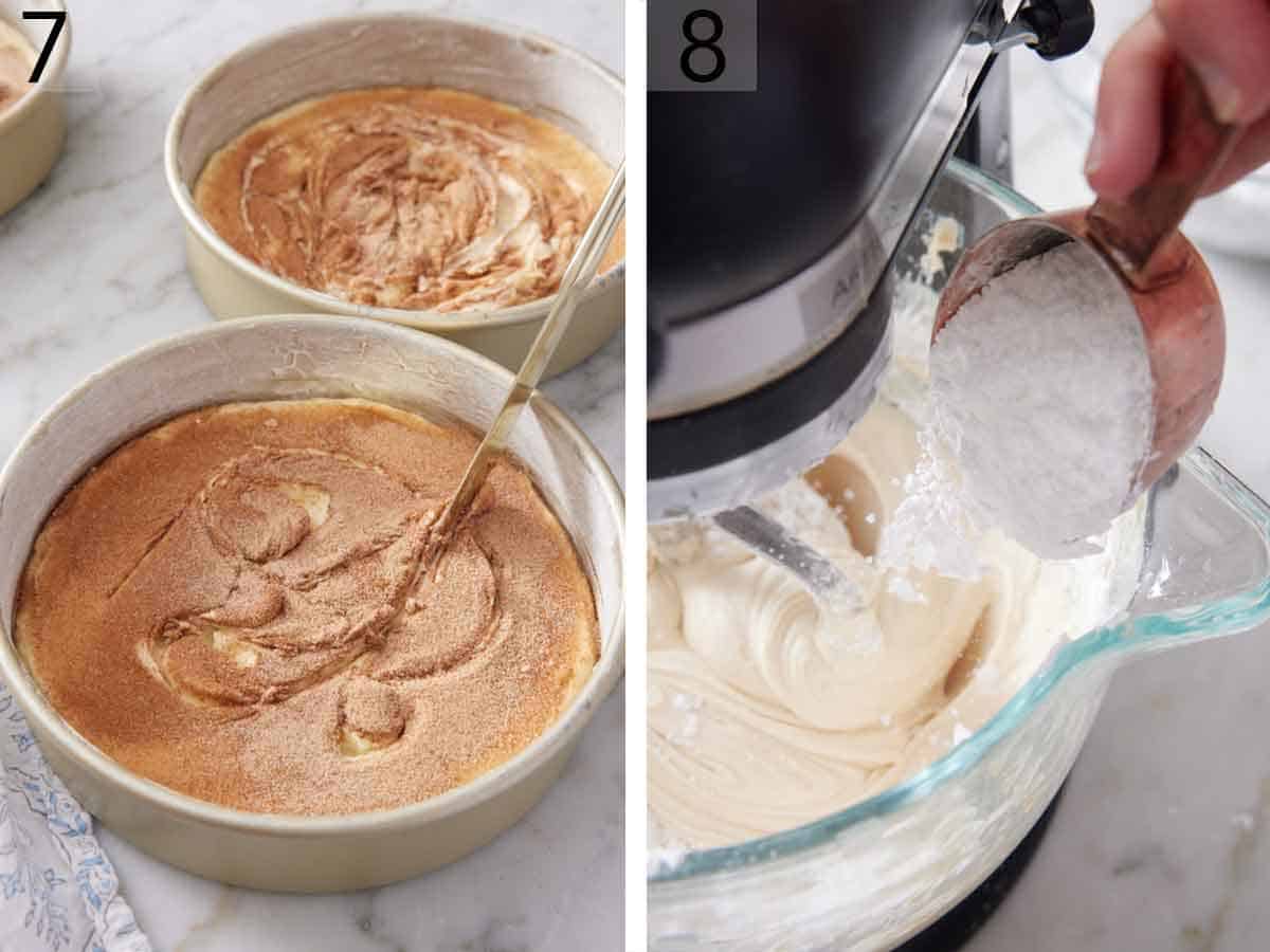 Set of two photos showing cake batter swirled and powdered sugar added to a mixture.