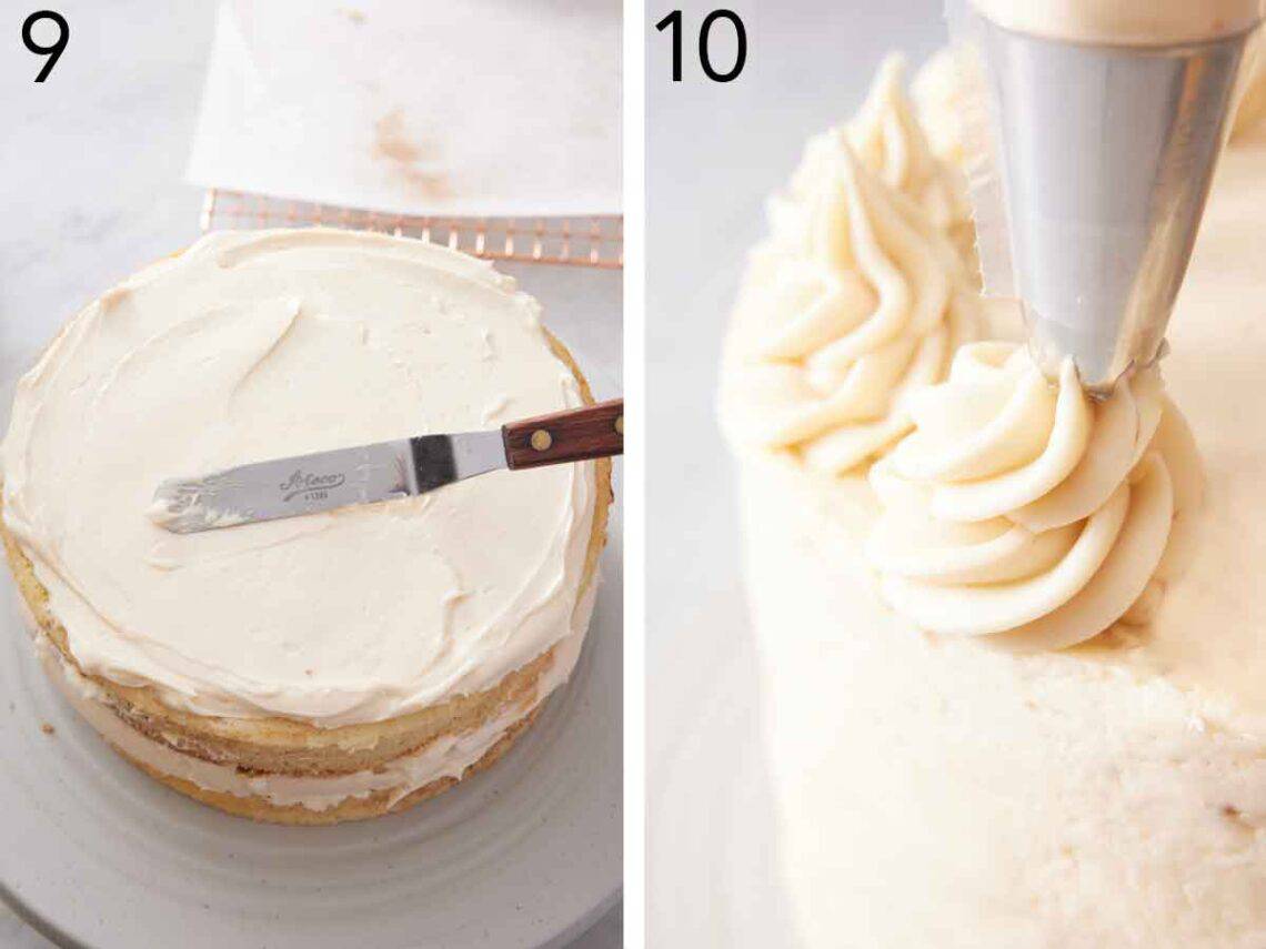 Set of two photos showing frosting spread onto the cake and piped on top.