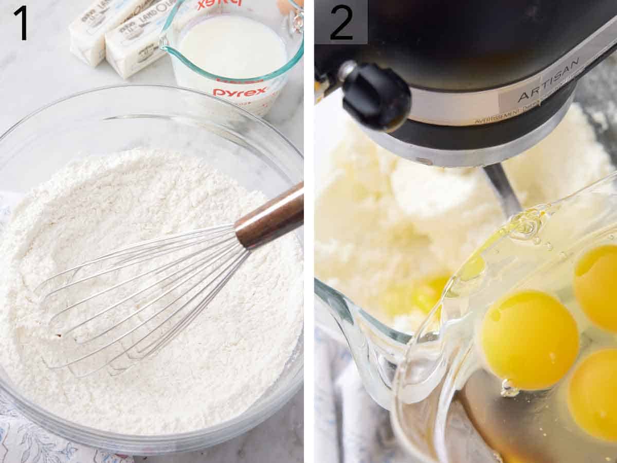 Set of two photos showing dry ingredients whisked and eggs added to the mixer.