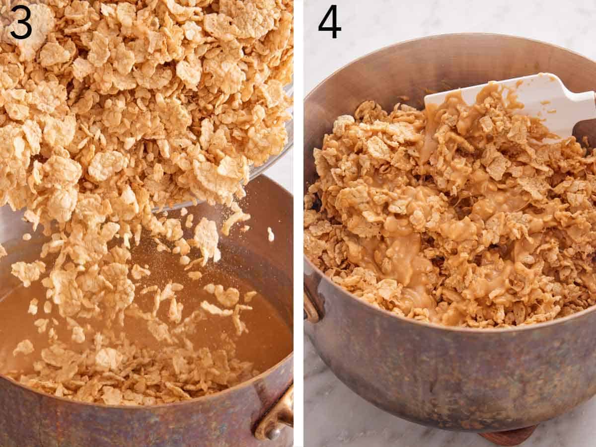 Set of two photos showing Special K cereal poured into the pot and mixed.