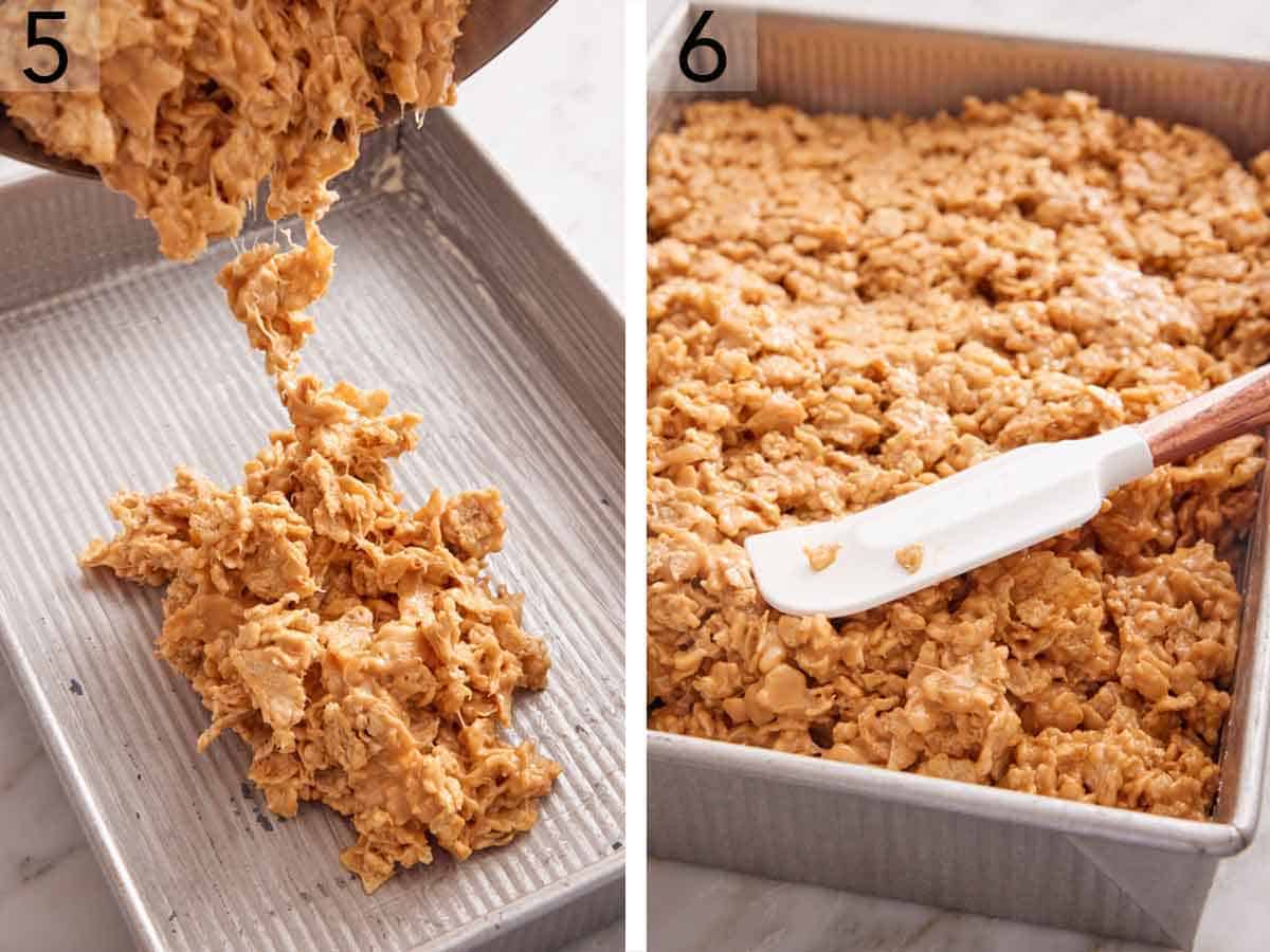 Set of two photos showing the cereal mixture poured into a greased pan and pressed down with a spatula.