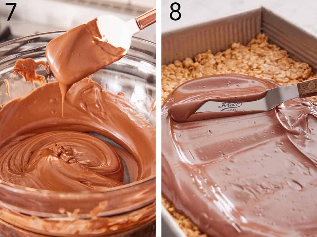 Set of two photos showing chocolate melted and spread over the top of the cereal mixture.